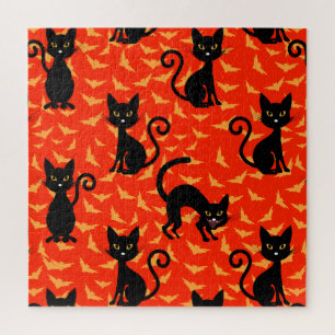Puzzle Chat noir éffrayant Halloween Bats orange