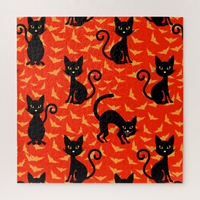 Puzzle Chat noir éffrayant Halloween Bats orange (Vertical)