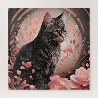 Puzzle Chat noir élégant entouré de fleurs roses