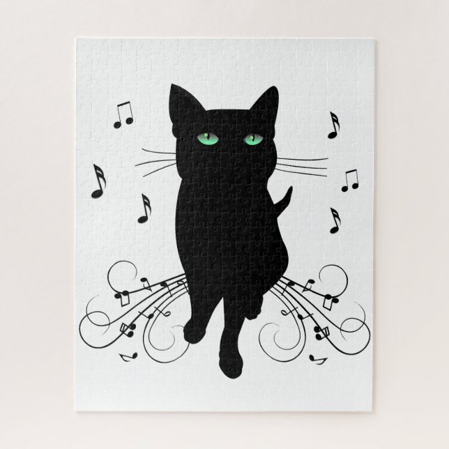 Puzzle Chat noir entouré de notes de musique murmurantes (Vertical)