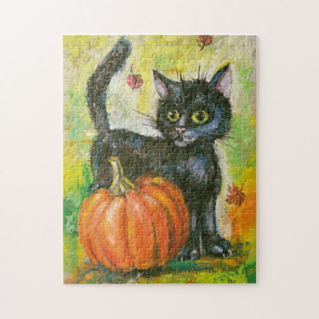 Puzzle Chat noir et citrouille (Vertical)