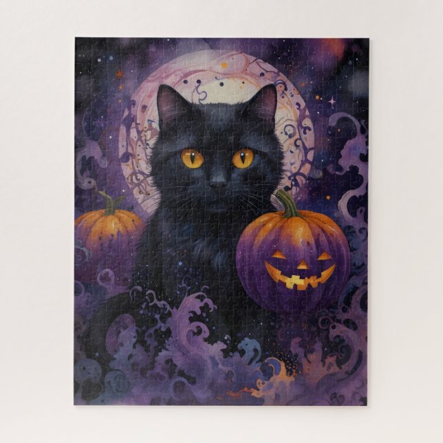 Puzzle Chat noir et Citrouilles d'Halloween au clair de l (Vertical)