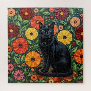 Puzzle Chat noir et fleurs d'art populaire colorées