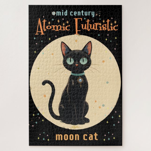 Puzzle Chat noir futuriste atomique avec lune et texte (Vertical)