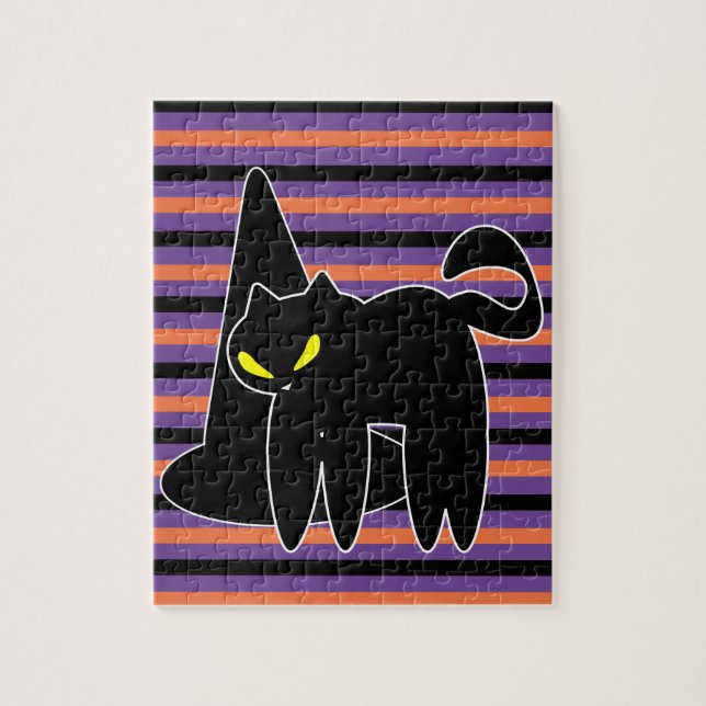 Puzzle Chat noir Halloween Sorcière Chapeau Rayures (Vertical)