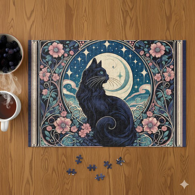 Puzzle Chat noir mystique Art Nouveau (Mystical Black Cat Art Nouveau Jigsaw Puzzle Mockup A)