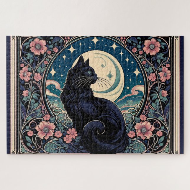 Puzzle Chat noir mystique Art Nouveau (Horizontal)