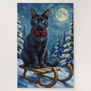 Puzzle Chat Noir Mystique Enchanté Traîneau d'Hiver Noël