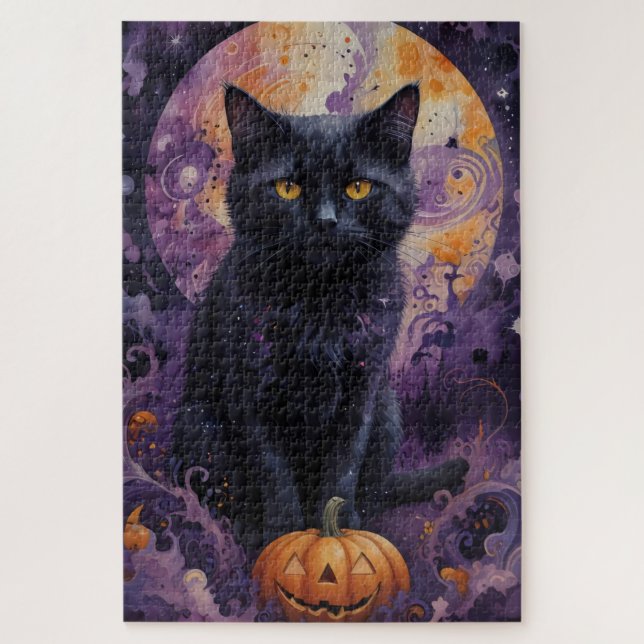 Puzzle Chat noir mystique Halloween Citrouille clair de l (Vertical)