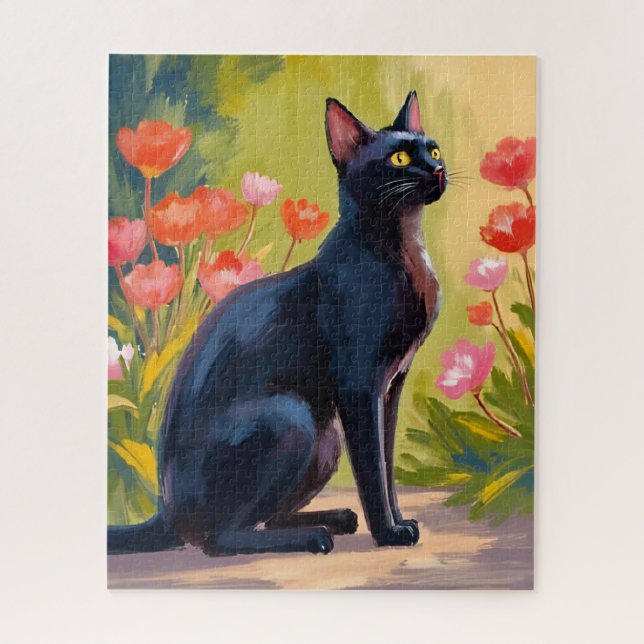 Puzzle Chat Noir | Peinture de fleurs aquarelles pour ani (Vertical)