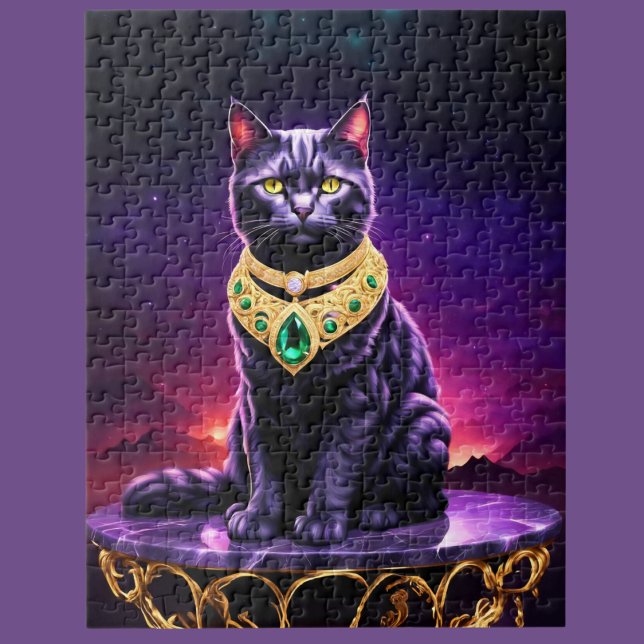 Puzzle Chat noir portant un bijou vert au coucher du sole (A fun cat loving puzzle!!)