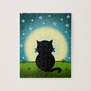 Puzzle Chat Noir Regardant La Lune