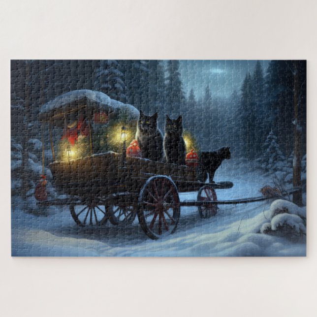 Puzzle Chat noir Snowy Sleigh Ride Décor de Noël (Horizontal)