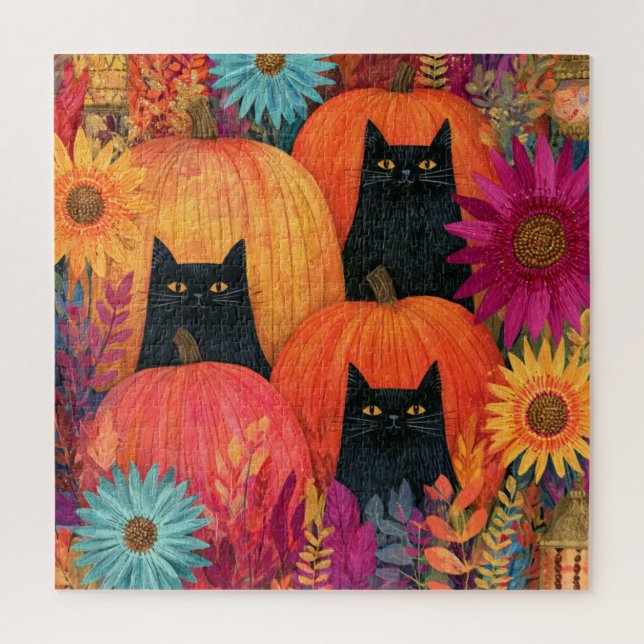 Puzzle Chat noir vigilant Patch de citrouille d'automne (Vertical)