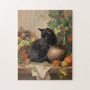 Puzzle Chat noir vintage au milieu des fruits d'automne