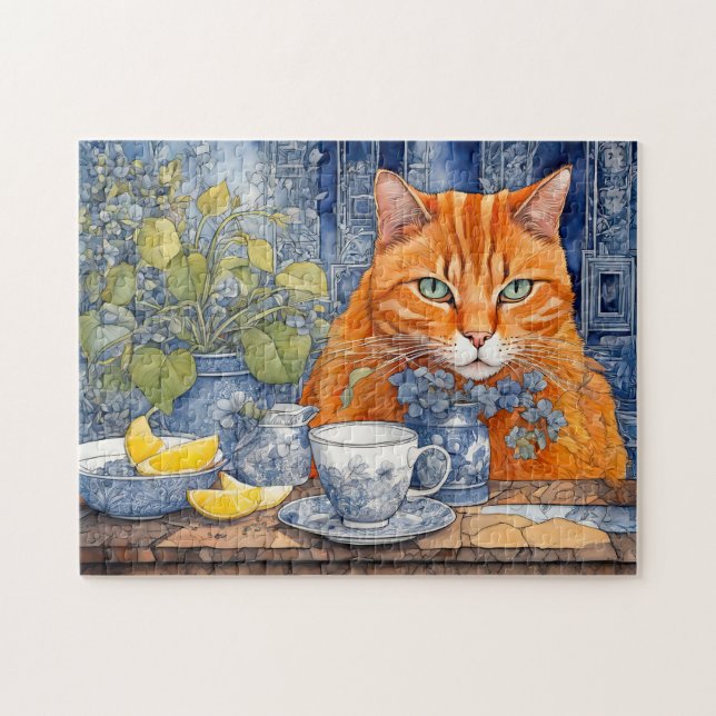 Puzzle Chat orange aquarelle avec thé au citron (Horizontal)