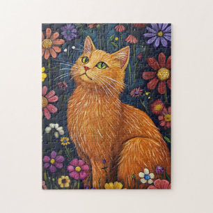 Puzzle Chat Orange Au Milieu De Fleurs Colorées
