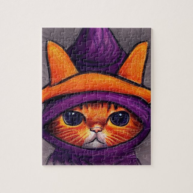 Puzzle Chat orange avec Casquette de sorcière violette De (Vertical)