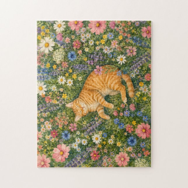 Puzzle Chat orange endormi dans les fleurs sauvages Puzzl (Vertical)