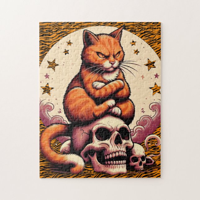 Puzzle Chat orange vengeur, crânes et lune (Vertical)