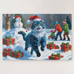 Puzzle Chat Oriental Bleu Assis Dans un Chapeau de Noël d