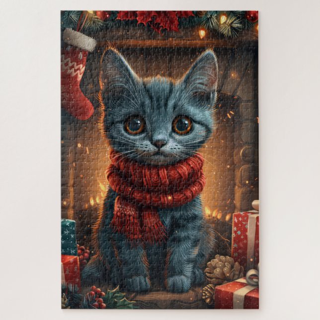Puzzle Chat Oriental Bleu Avec Cheminée De Cadeau De Noël (Vertical)