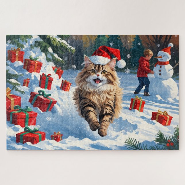 Puzzle Chat Persan Assis dans la Neige avec un Chapeau de (Horizontal)