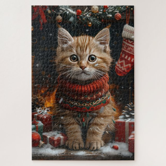 Puzzle Chat Persan avec cheminée de cadeaux de Noël (Vertical)