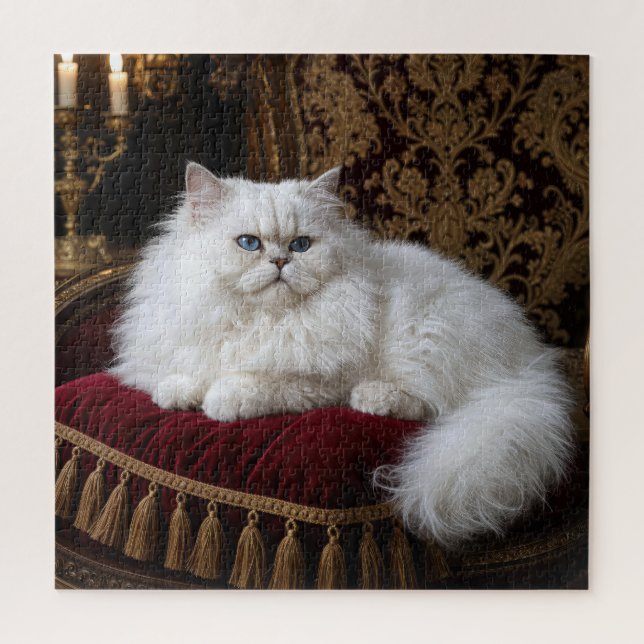 Puzzle Chat Persan blanc sur un coussin de chaise en velo (Vertical)