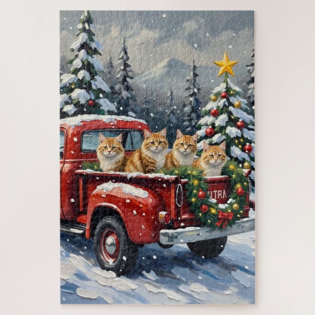 Puzzle Chat Persan Camion Rouge Noël Fêtes (Vertical)