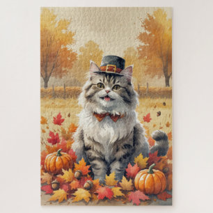 Puzzle Chat Persan dans l'art de Thanksgiving aux feuille