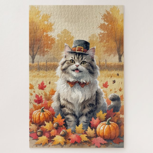 Puzzle Chat Persan dans l'art de Thanksgiving aux feuille (Vertical)