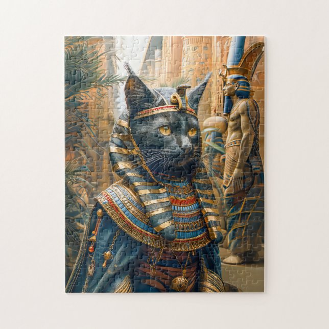Puzzle Chat Pharaon Égyptien avec Coiffe Rayée (Vertical)