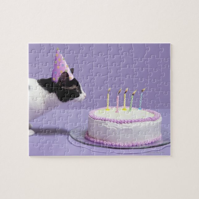 Puzzle Chat portant un casquette d'anniversaire soufflant (Horizontal)