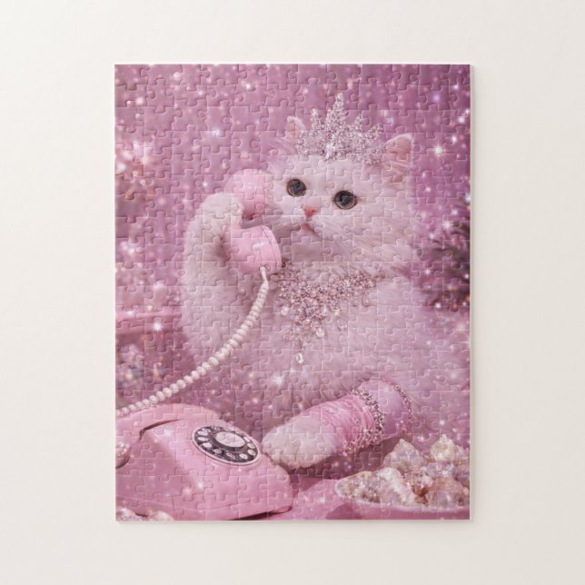 Puzzle Chat Princesse Glamour Utilisant un Téléphone Rose (Vertical)