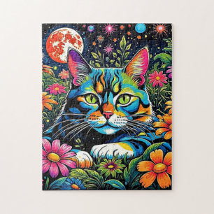 Puzzle Chat psychédélique parmi les fleurs
