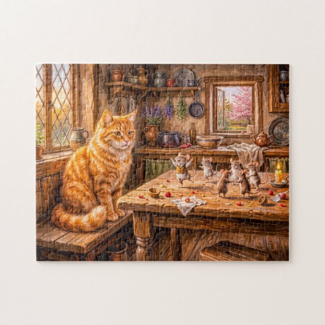 Puzzle Chat regardant des souris danser dans la cuisine (Horizontal)