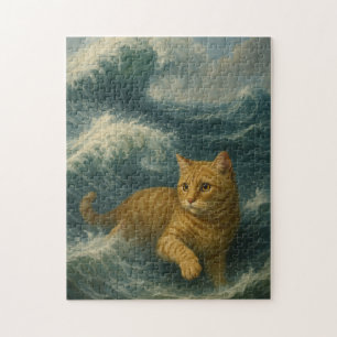 Puzzle Chat roux courageux chevauchant les vagues de l