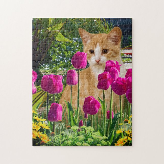 Puzzle Chat roux dans un jardin de tulipes (Vertical)