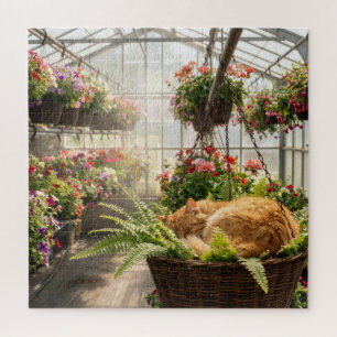 Puzzle Chat roux dormant dans un panier de fougère suspen