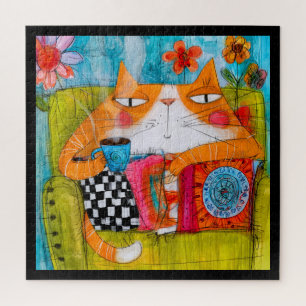 Puzzle Chat roux fantaisiste avec tasse de thé