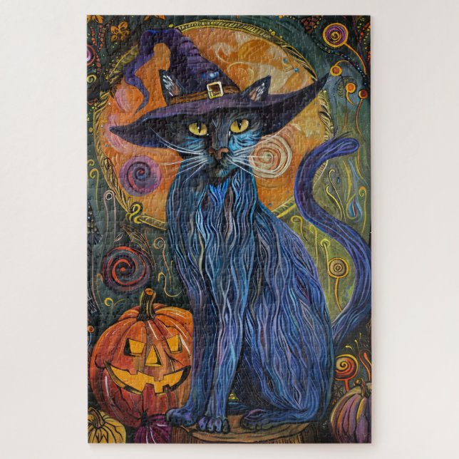 Puzzle Chat russe bleu effrayant pour Halloween Sorcière  (Vertical)