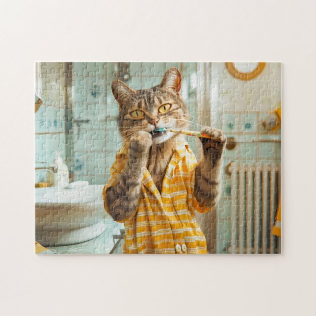 Puzzle Chat se brossant les dents dans une salle de bain  (Horizontal)