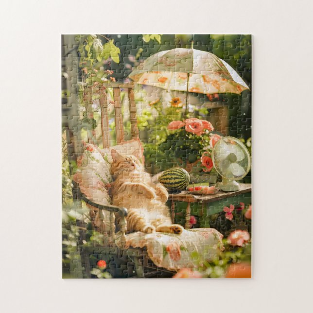 Puzzle Chat se détendant dans un transat sous un parasol (Vertical)