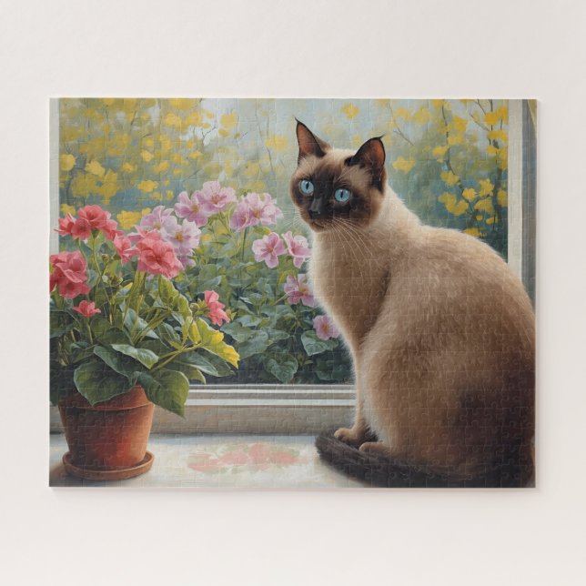 Puzzle Chat siamois à la fenêtre avec vue sur le jardin (Horizontal)