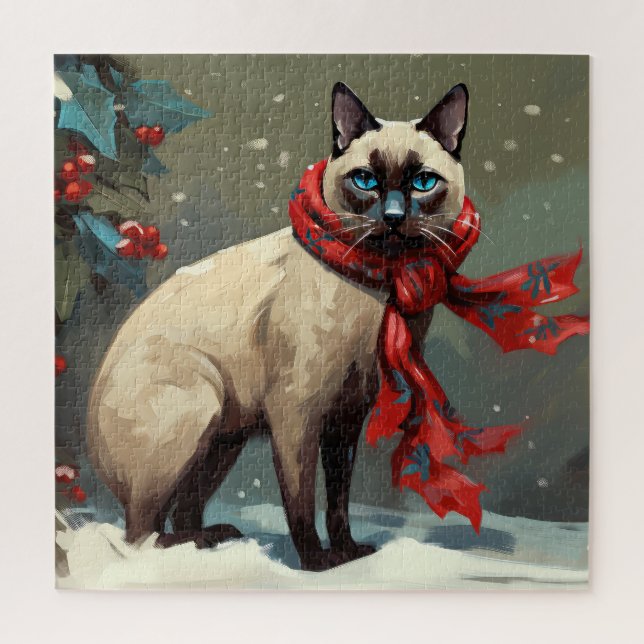 Puzzle Chat siamois à Noël sous la neige (Vertical)