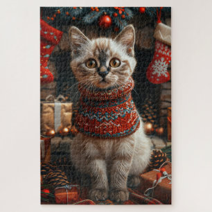 Puzzle Chat siamois avec des cadeaux de Noël cheminée