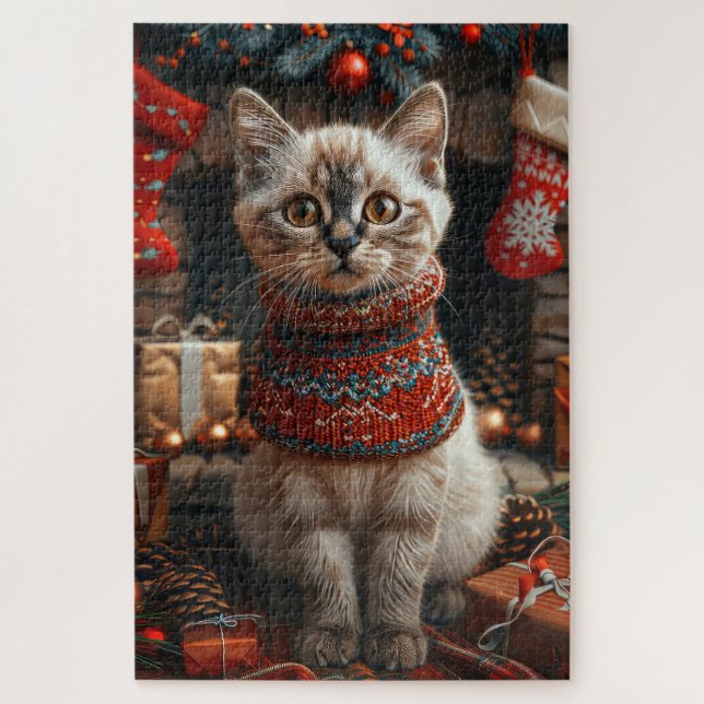 Puzzle Chat siamois avec des cadeaux de Noël cheminée (Vertical)