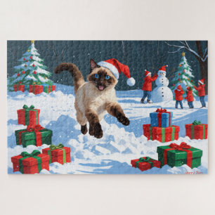 Puzzle Chat siamois courant dans la neige avec un chapeau