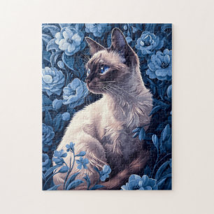 Puzzle Chat siamois en Fleurs Bleues